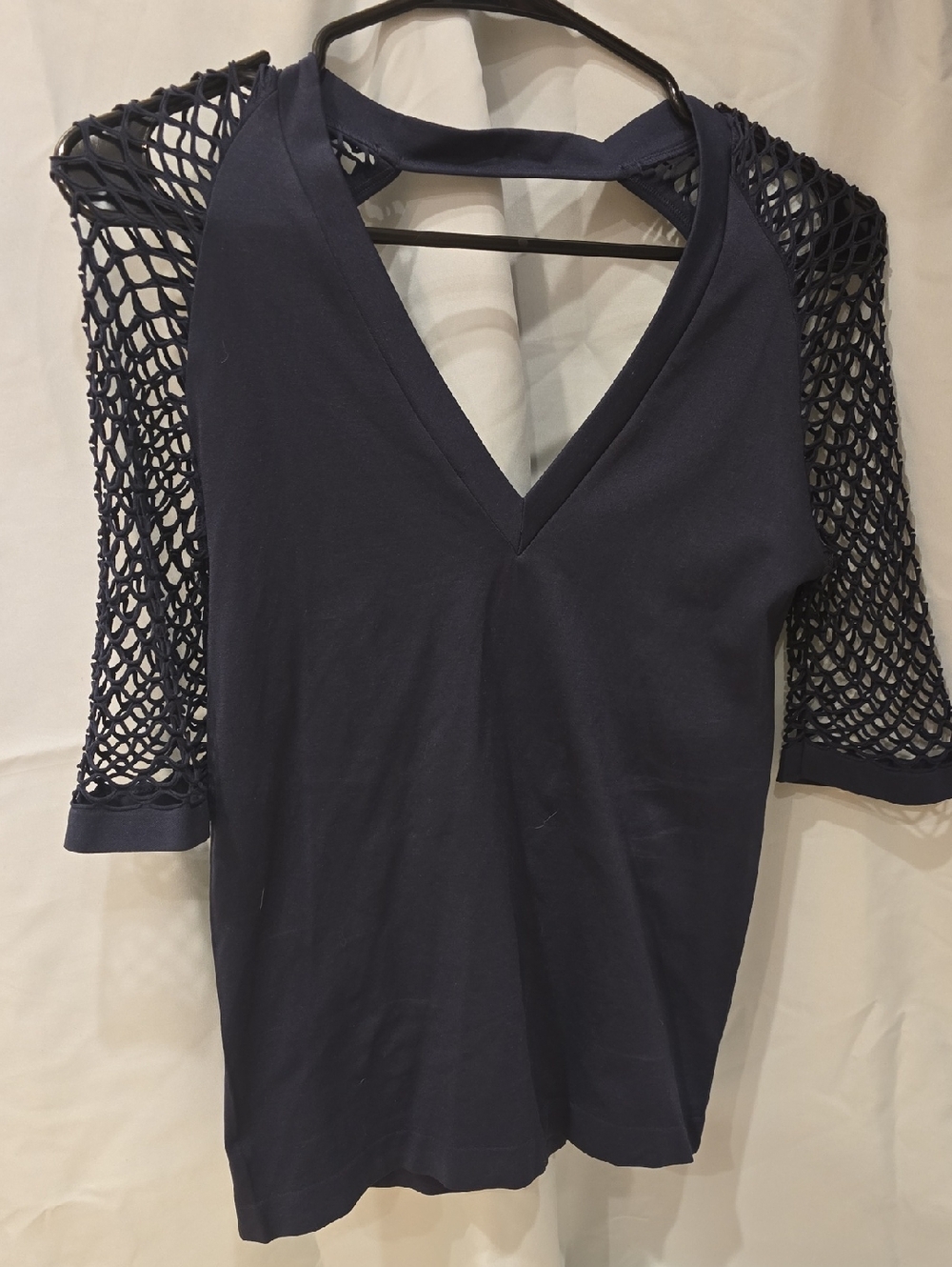 VENUS Navy V-Neck Top with Mesh 3/4 Sleeves
